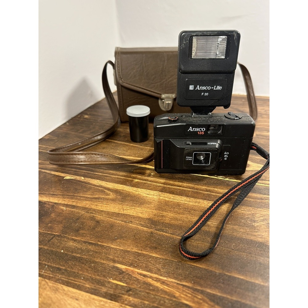 Vintage 33mm Ansco 135 Camera W/ F20 Flash Black UNTESTED As Is Or PARTS w/ Case